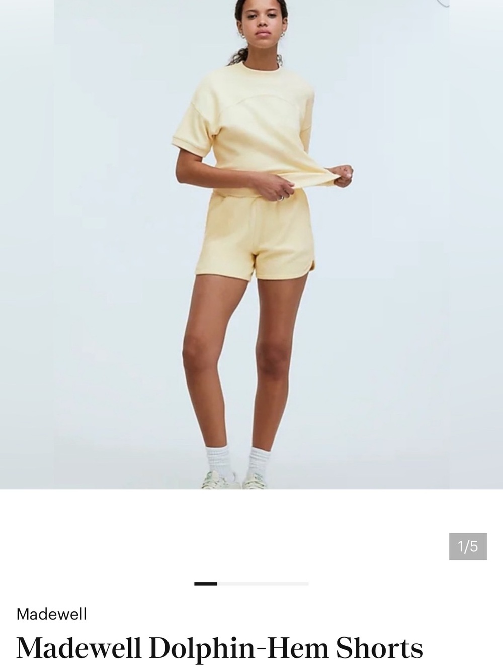 Madewell Dolphin Hem Shorts in Pale Yellow (matching sweatshirt also listed)